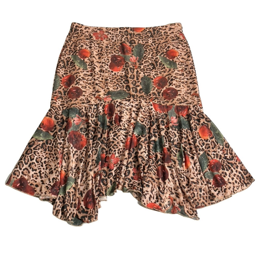Kimchi Blue Midi Skirt Womens XL Leopard Cherry Y2K Mesh Asymmetrical Ruffle Hem